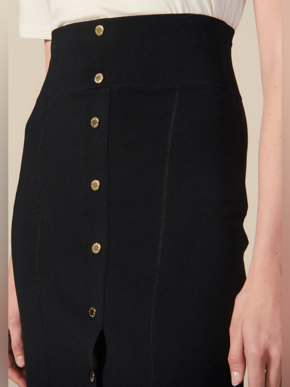 Sandro - High-Rise Black Midi Skirt with Gold Button Stretch Sz(1)Small 2-4
